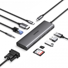 Đầu Chuyển USB Type C UGREEN 15601 (USB Type C Sang USB-A 3.0, HDMI 4K30Hz, VGA, RJ45(LAN), SD/TF, 3.5mm, PD 100W)