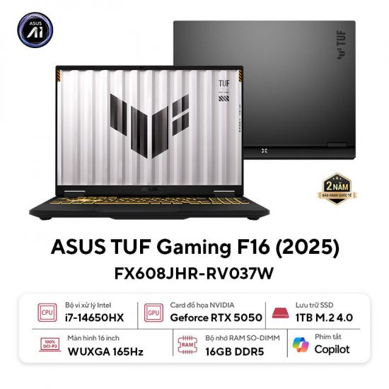 Laptop ASUS TUF Gaming F16 FX608JHR-RV037W (Core i7 14650HX, RAM 16GB, SSD 1TB, RTX 5050, Màn Hình 16inch FHD + 165Hz, Windows 11, Màu Xám)