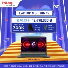 Laptop MSI Thin 15 B13UC 1411VN 16GB(Intel Core I7-13620H, RAM 16GB, SSD 512GB, RTX 3050 4GB, Màn Hình 15.6inch FullHD, 144Hz, Windows 11)