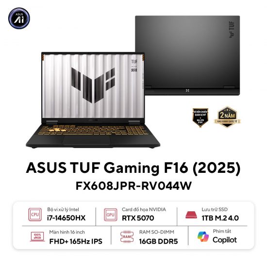 Laptop ASUS TUF Gaming F16 FX608JPR-RV044W (Intel Core i7 14650HX, RTX 5070, Màn Hình 16inch FHD+ 165Hz, RAM 16GB, SSD 1TB, Windows 11, Màu Xám)