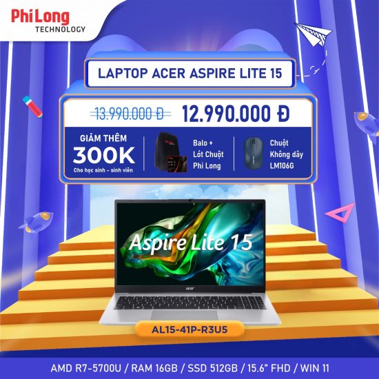 Laptop Acer Aspire Lite 15 AL15-41P-R3U5 (AMD Ryzen 7-5700U, RAM 16GB, SSD 512GB, Màn hình 15.6inch IPS, AMD Radeon Graphics,  Windows 11)