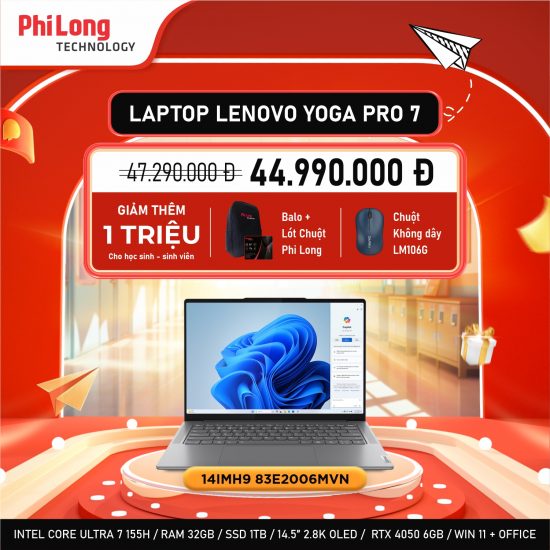 Laptop Lenovo Yoga Pro 7 14IMH9 83E2006MVN (Core Ultra 7 155H, SSD 1TB, RAM 32GB, RTX 4050 6GB, Màn Hình 14.5inch 2.8K , Windows 11, Office, Luna Grey)
