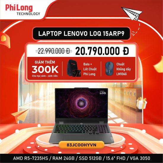 Laptop Gaming Lenovo LOQ 15ARP9 (83JC00HYVN) (AMD Ryzen 5 7235HS, RAM 24GB, SSD 512GB, RTX 3050 6GB GDDR6, Màn Hình 15.6inch FullHD 144Hz, Windows 11 Home, Màu Xám)
