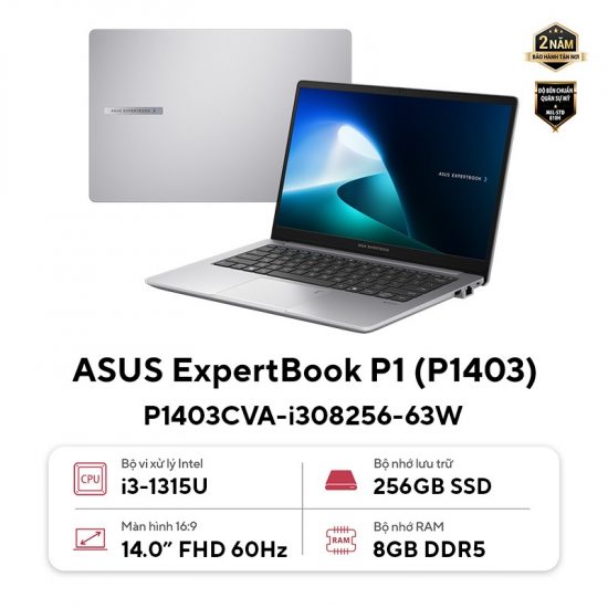 Laptop ASUS ExpertBook P1 P1403CVA-i308256-63W (Core i3-1315U, RAM 8GB, SSD 256GB, Intel UHD Graphics, Màn Hình 14inch FHD, Windows 11, Màu  Xám)