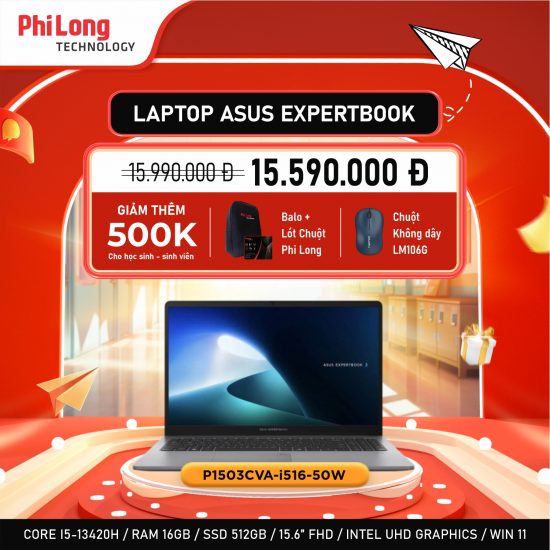 Laptop ASUS ExpertBook P1503CVA-i516-50W (Intel Core i5-13420H, RAM 16GB, SSD 512GB,  Intel UHD Graphics, Màn Hình 15.6 inch FHD, Windows 11)