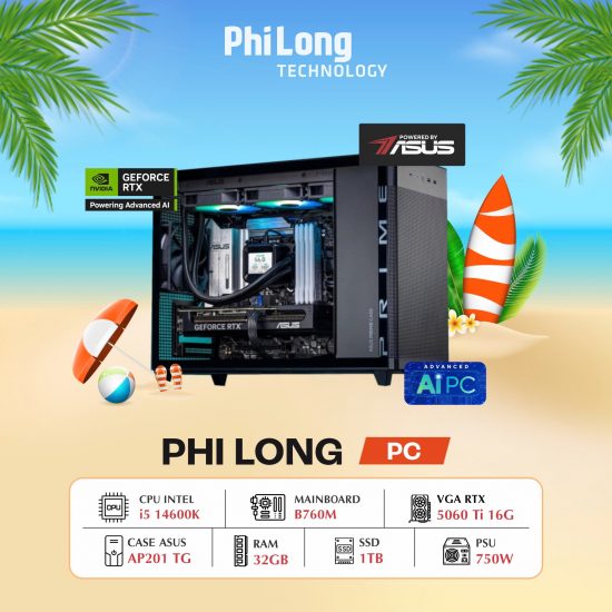 PC Phi Long Creator - i5 14600K / RTX 5060 Ti 16GB / RAM 32GB / SSD 1TB / PSU 750W / Tản AIO 360 - Powered By ASUS