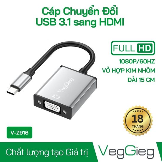 Đầu Chuyển Type-C 3.1 sang VGA Âm VegGieg V-Z916 (1920*1080/60Hz)