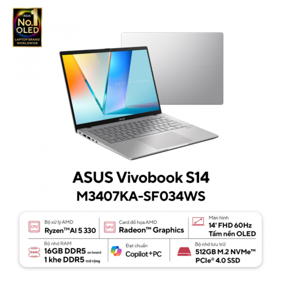 Laptop ASUS Vivobook S14 M3407KA-SF034WS (AMD Ryzen AI 5 330, RAM 16GB, SSD 512GB, AMD Radeon Graphics, Màn Hình 14 inch WUXGA OLED, Windows 11, Office Home 2024, Màu Bạc)