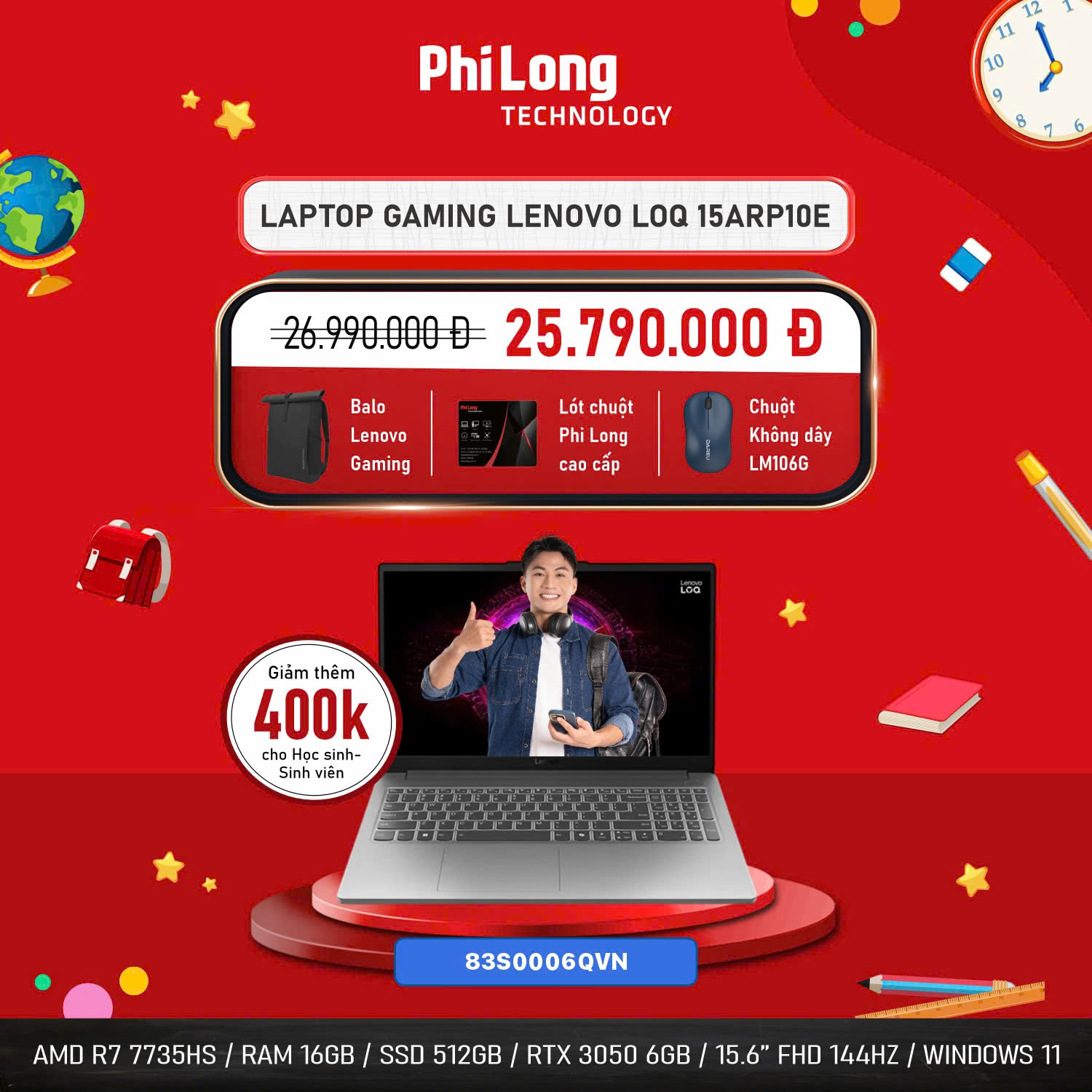 37173-6qvn-1 Laptop Gaming Lenovo LOQ 15ARP10E (83S0006QVN) (AMD Ryzen 7 7735HS, Ram 16GB, SSD 512GB, RTX 3050 6GB, Màn Hình 15.6inch FullHD 144Hz, Windows 11 Home)