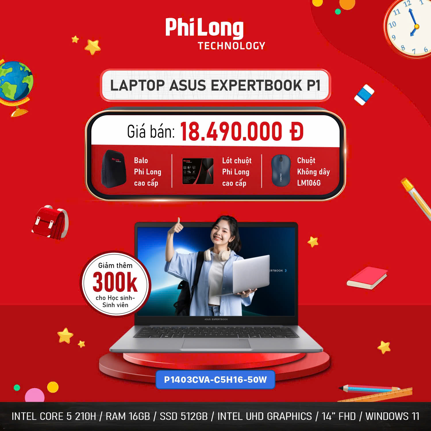 37287-p14-50w-1 Laptop ASUS ExpertBook P1 P1403CVA-C5H16-50W (Intel Core 5 210H, RAM 16GB, SSD 512GB, Intel UHD Graphics, Màn Hình 14 inch FullHD, Windows 11, Màu Xám)