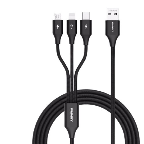 Cáp sạc 3 trong 1 Pisen LS-AP13-1200 BLACK Type-C, Lingtining, Micro