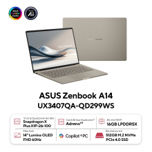 Laptop Asus Zenbook A14 UX3407QA-QD299WS (Snapdragon X X1 26 100, Qualcomm Adreno, Ram 16GB, SSD 512GB, Màn Hình 14inch OLED FHD+ 60Hz, Windows 11 Home, Microsoft Office, Màu Beige, Vỏ nhôm)