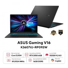 Laptop Gaming Asus Vivobook V16 K3607VJ-RP092W (Intel Core 5-210H, Ram 16GB, SSD 512GB, RTX 3050 6GB, Màn Hình 16inch WUXGA 144Hz, Windows 11, Màu Đen)