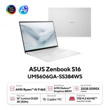 Laptop ASUS Zenbook S 16 UM5606GA-SS384WS (AMD Ryzen AI 9 465, RAM 32GB, SSD 1TB, AMD Radeon 880M Graphics, Màn Hình 16 inch 3K, Windows 11 Home, Office Home 2024, Màu Bạc)