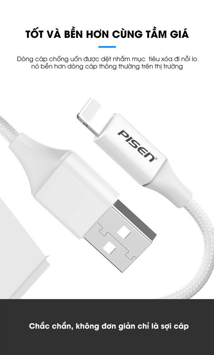 28645-7-9-1 CÁP USB-A TO LIGHTNING PISEN ANTI FRACTURE AL17-1800 (màu trắng,1m8, 2.4A)