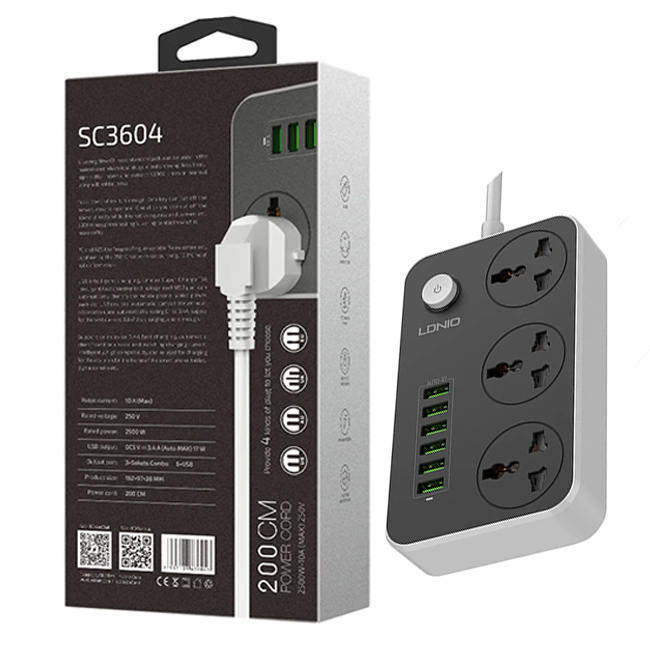 31994-575-1 Ổ cắm điện LDNIO SC3604 (3 Lỗ 3 chấu+6 cổng sạc USB 17W/Max 2500W, dài 2 mét)