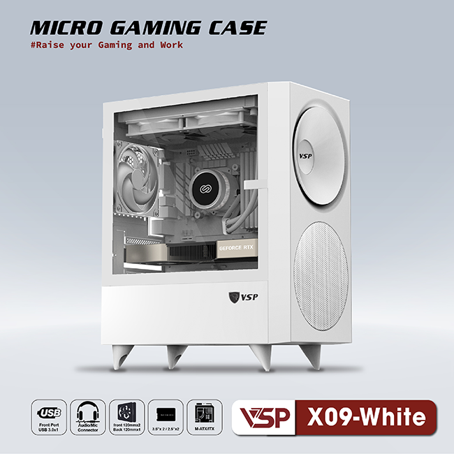 32614-vo-case-vsp-micro-gaming-x09-white-philong-1 Vỏ case VSP Micro Gaming X09 White (mATX, 1 mặt cường lực, Mặt trước hình loa, Chưa bao gồm fan, Max 4 fan)