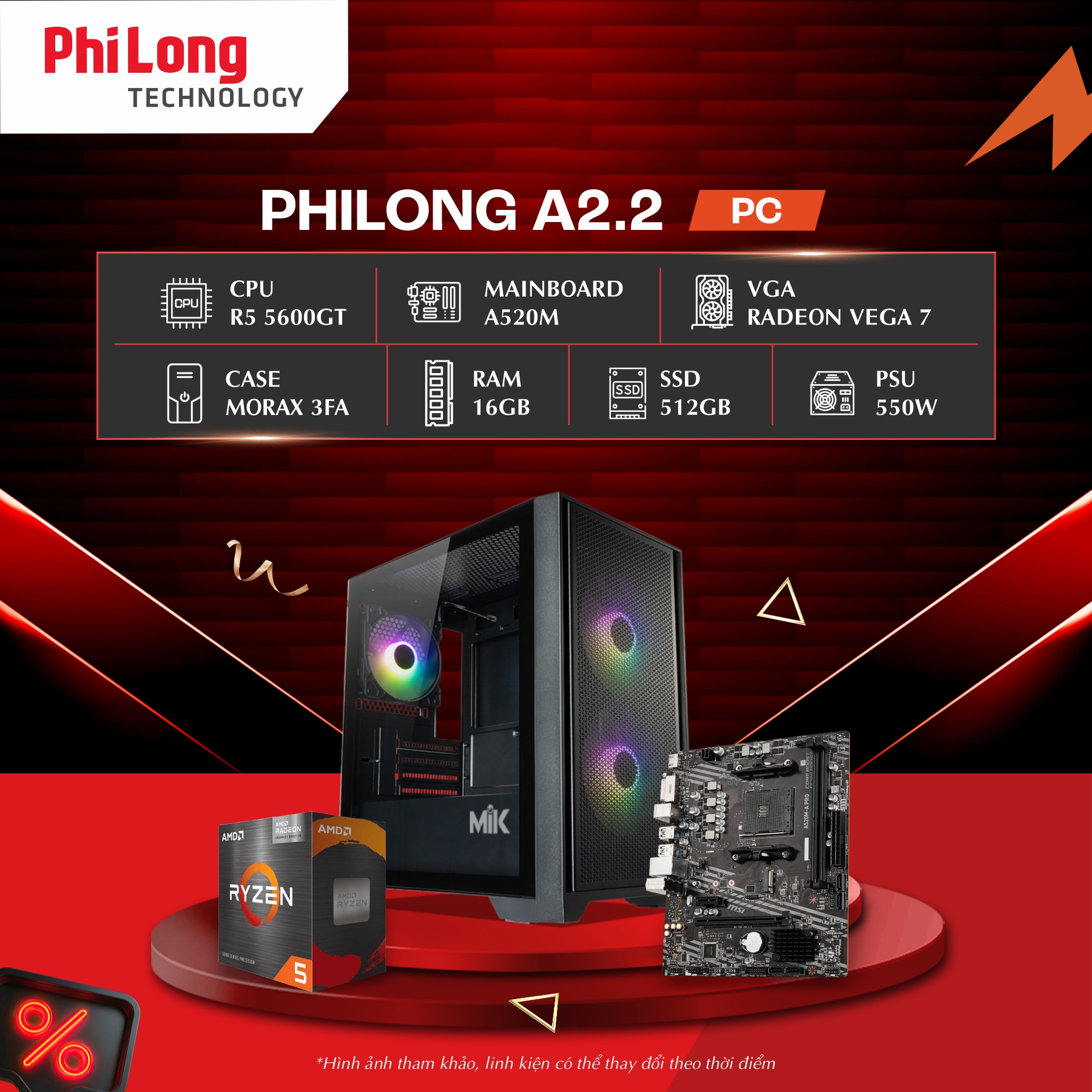 35098-3-1 PC Phi Long Office A2.2 (Ryzen 5 5600GT, A520M, RAM 16GB, SSD 512GB, PSU 550W, WiFi)
