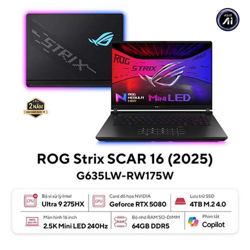 35630-t-i-xu-ng Laptop ASUS ROG Strix SCAR 16 G635LW-RW175W (Intel Core Ultra 9 Processor 275HX, RTX 5080 16GB, Màn Hình 16 inch 2.5K 240Hz, RAM 64GB, SSD 4TB, Windows 11, Đen)