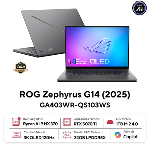 35805-ga403wr-qs103ws Laptop Asus Gaming ROG Zephyrus G14 GA403WR-QS103WS (AMD Ryzen AI 9 HX 370, RAM 32GB, SSD 1TB, RTX 5070Ti 12GB, Màn Hình 14 inch 3K OLED 120Hz, Windows 11, Xám)