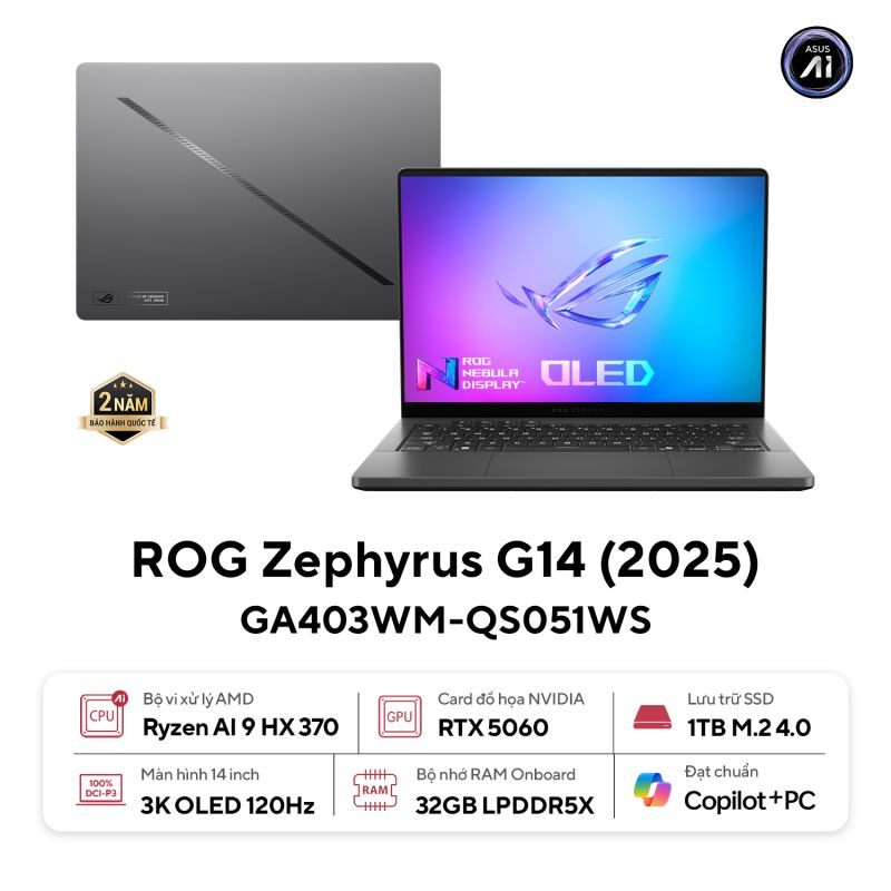 35870-ga403wm-qs051ws-1 Laptop Gaming Asus ROG Zephyrus G14 GA403WM-QS051WS (Ryzen AI 9 HX 370, RTX 5060 8GB, RAM 32GB, SSD 1TB, Màn Hình 14 Inch OLED 3K 120Hz 100% DCI-P3, Windows 11)