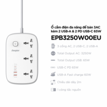Ổ Cắm Điện Energizer EPB3250W00EU (3 x Cổng AC, 2 x Cổng USB-A, 2 x Cổng USB-C, 2 Mét)