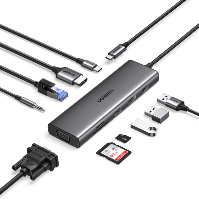 36184-dau-chuyen-usb-type-c-ugreen-15601-philong1-1 Đầu Chuyển USB Type C UGREEN 15601 (USB Type C Sang USB-A 3.0, HDMI 4K30Hz, VGA, RJ45(LAN), SD/TF, 3.5mm, PD 100W)