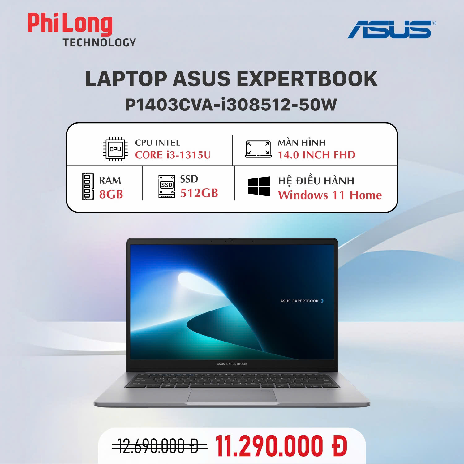 36622-p1403cva-i308512-50w-1-1 Laptop ASUS ExpertBook P1 P1403CVA-I308512-50W (Intel Core i3-1315U, RAM 8GB, SSD 512GB, Intel UHD Graphics, Màn Hình 14 inch FullHD, Windows 11, Màu Xám)