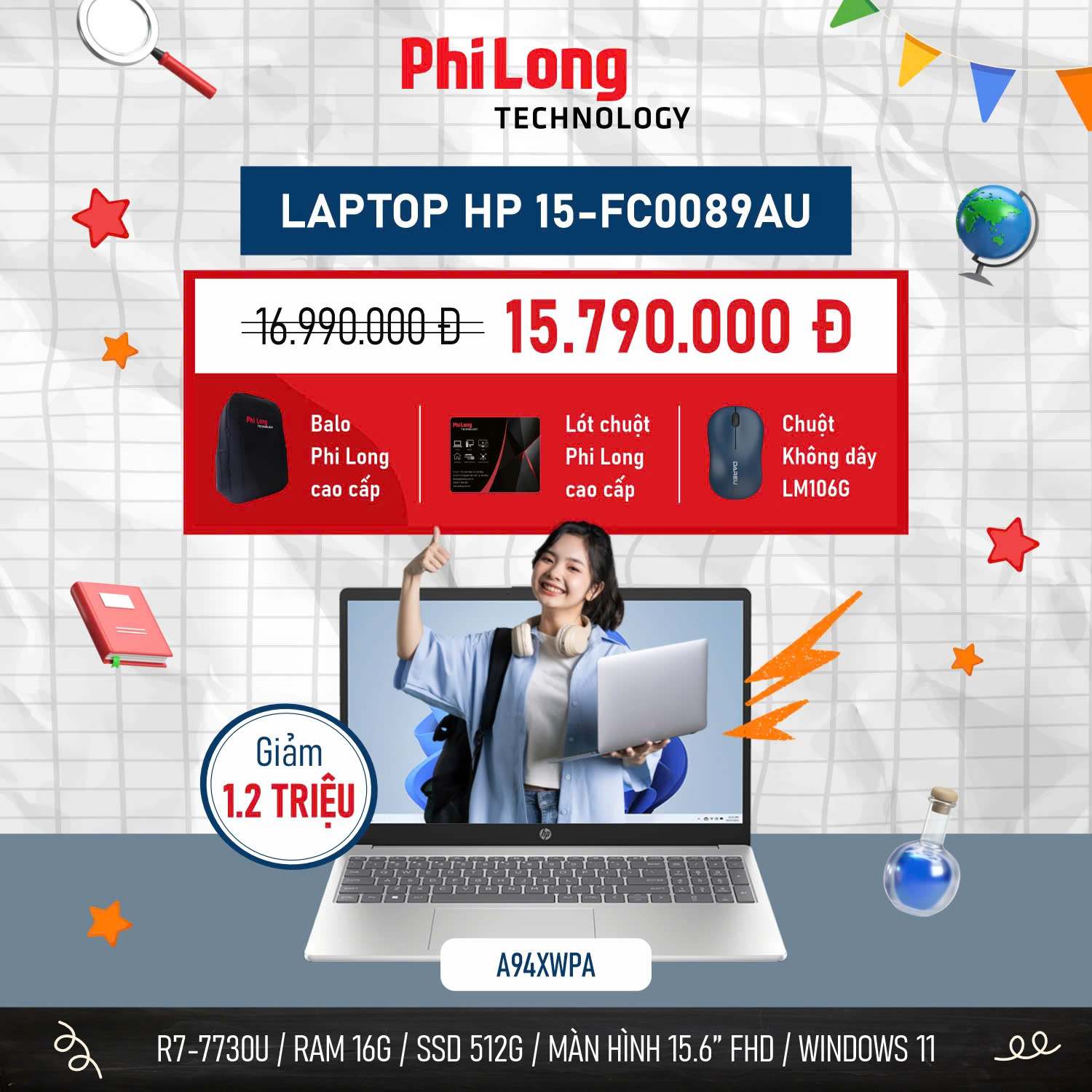 36794-xwpa-1 Laptop HP 15-fc0089AU A94XWPA (AMD RYZEN R7-7730U, RAM 16GB, SSD 512GB, AMD Radeon Graphics, Màn Hình 15.6inch FHD, Windows 11)