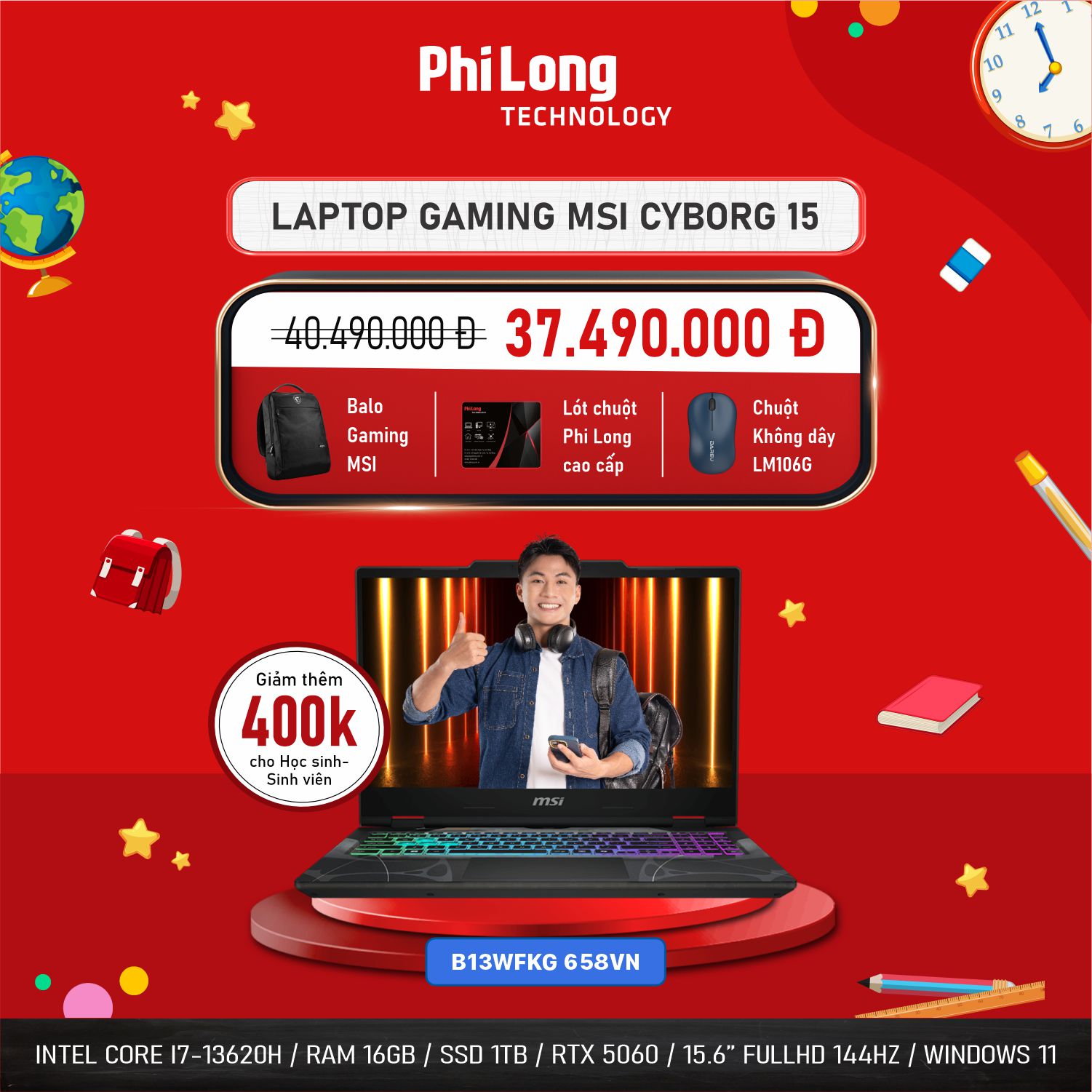 37202-msi-658vn Laptop Gaming MSI Cyborg 15 B13WFKG 658VN (Intel Core i7-13620H, RAM 16GB, SSD 1TB, RTX 5060, Màn Hình 15.6inch FullHD 144Hz, Windows 11 Home, Màu Đen)