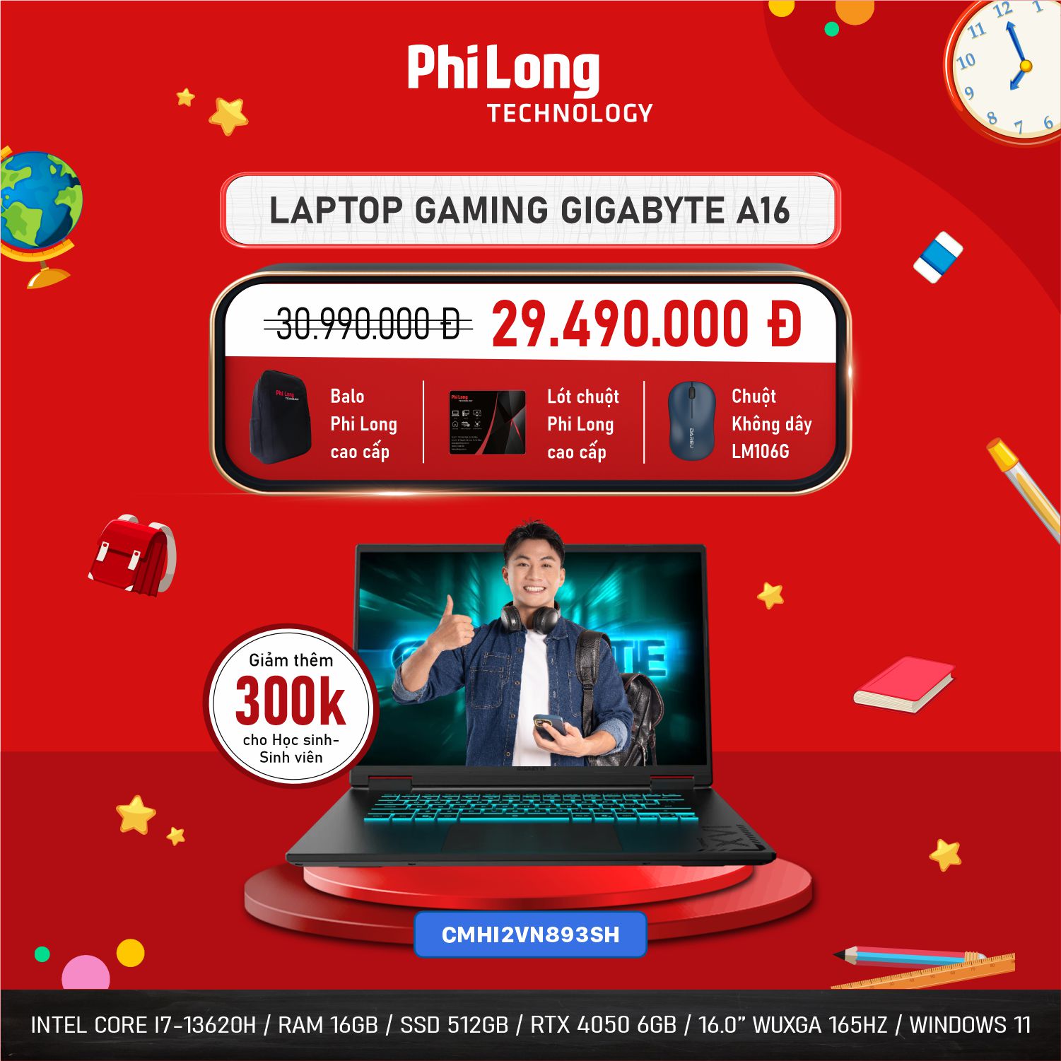 37455-gigabyte-893sh-1 Laptop Gaming Gigabyte A16 CMHI2VN893SH (Intel Core i7-13620H, RAM 16GB, SSD 512GB, RTX 4050 6GB, Màn Hình 16 inch WUXGA 165Hz, Windows 11, Màu Đen)